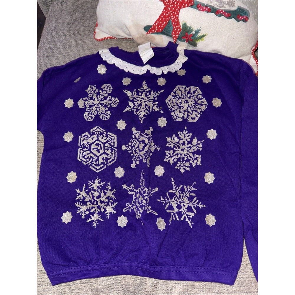 Vtg Christmas Center Aisle Girls Purple Snowflake Crewneck W/ Lace Sz L(10-12)